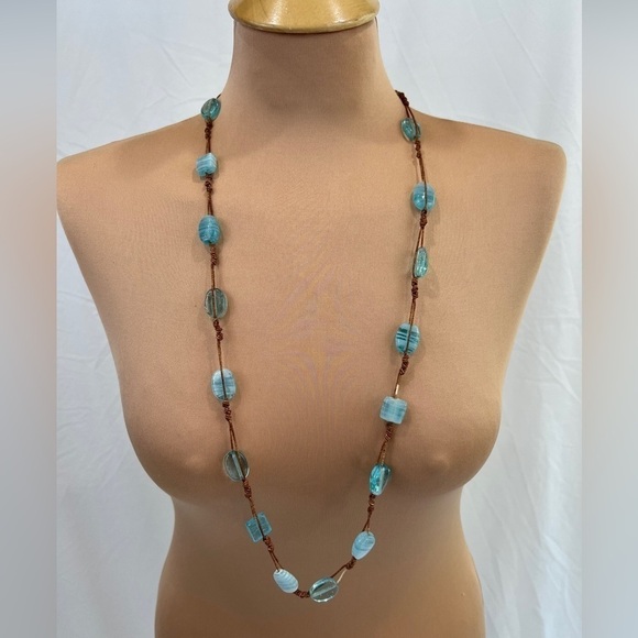 Light Blue Glass Beaded String Knot Long Necklace Beach - Picture 1 of 6